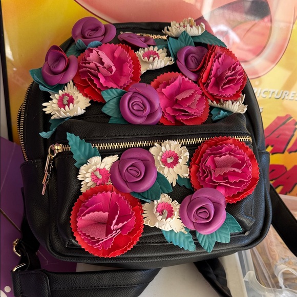Betsey Johnson Handbags - Betsey Johnson Black Mini Backpack with Pink, Magenta & Cream Floral Appliqués